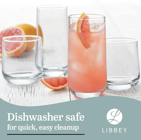 Libbey Ascent Tumbler & Rocks Drinking Glasses Set of 16, Clear Glass Cups | 16.25 oz & 12.25 oz Capacities Glasses for Water, Juice, Cocktails,