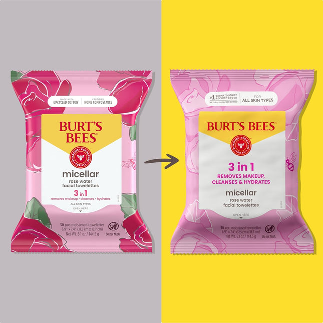Burt'S Bees Rose Water Face Wipes, for All Skin Types, Hydrating Micellar Makeup