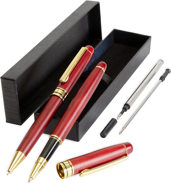 Juvale 2 Pack Luxury Rosewood Pen Sets for Men Gift - Fancy Nice Ballpoint Pens with Black Ink Refills for Signature Executives Business Office