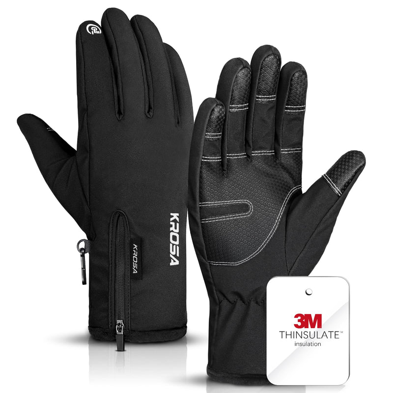 krosa Winter Gloves For Men Women Made with 3M Thinsulate, Waterproof Ski Gloves for Cold Weather with 10 Touchscreen Fingers Black Large