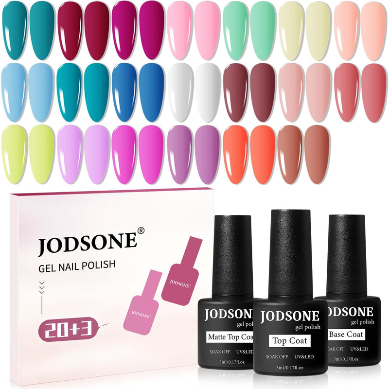 JODSONE 23 PCS Gel Polish Kit Colorful Fashion Classic Nail Gel Set 3 Bottles of Base Coat Matte and Glossy Top Coat B26