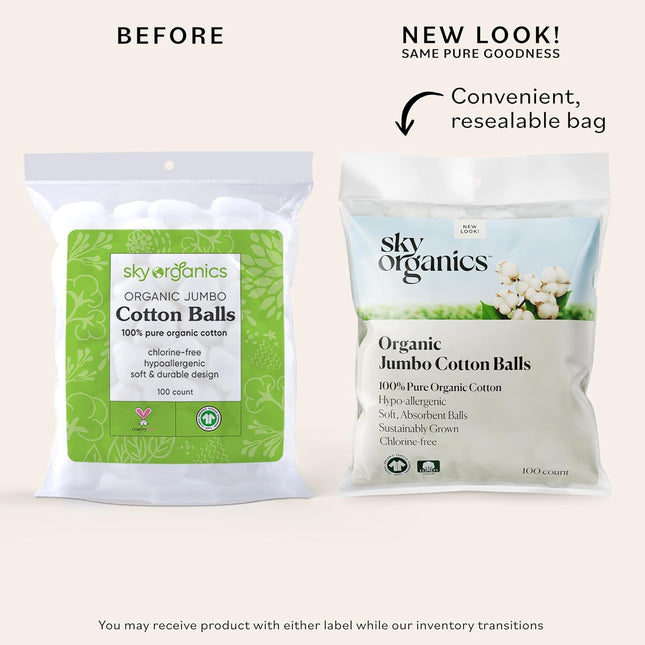 Sky Organics Organic Jumbo Cotton Balls for Sensitive Skin, 100% Pure Organic Co