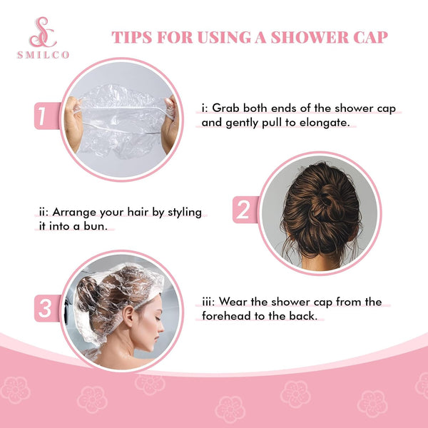Smilco Disposable Shower Caps 100PCS - 18.1 Inch Large Plastic Hair Cap, Clear Elastic Waterproof Bath Caps - Travel Essentials, Bathing