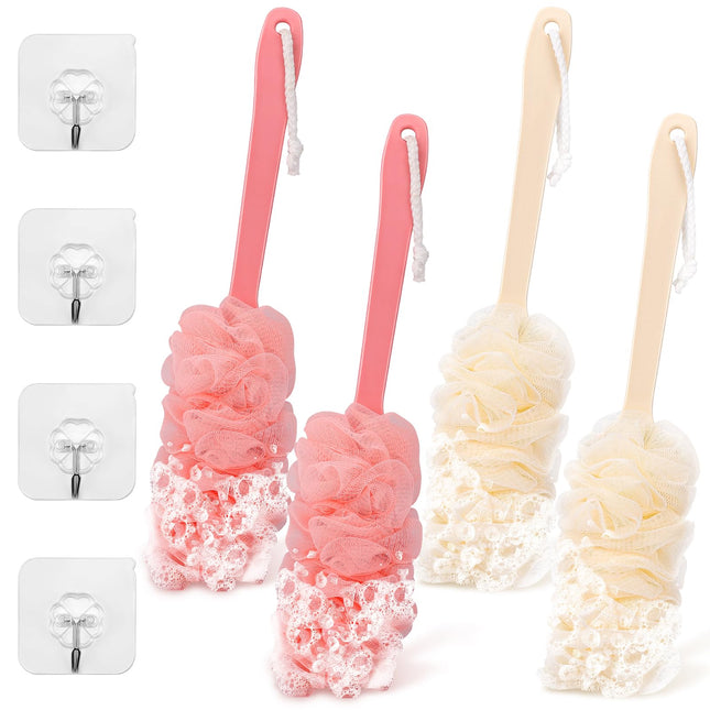 4Pack Back Scrubber for Shower Loofah with Long Handle, Shower Brush for Body, 17â³ Loofah on a Stick for Men Women Bat