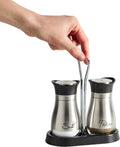 Juvale Stainless Steel Salt and Pepper Shakers Set with Holder, Refillable, Clear Glass Bottoms, Screw-Off Perforated "S" and "P" Caps for Kitchen