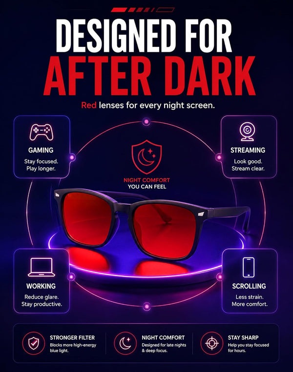 TIJN Sleep Glasses with Blue Green Light Blocking, Red Light Lens for Computer Gaming, Screen Fatigue & UV Protection Black Red