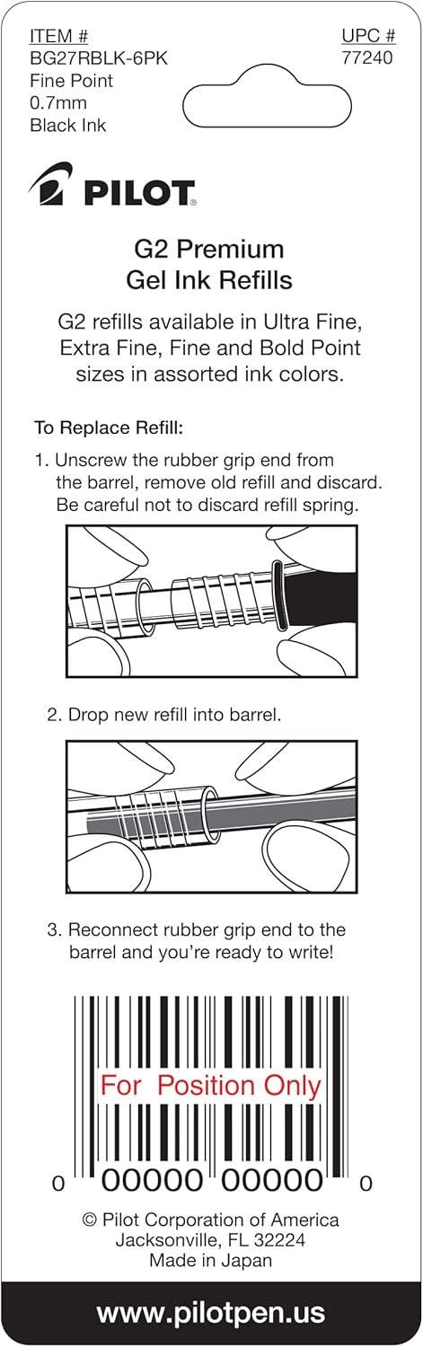 Pilot, G2 Gel Ink Refills, Fine Point 0.7 mm, G2 Pen Refills, Black, Pack of 2 Pack of 1