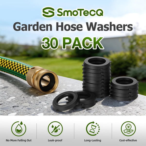 SmoTecQ 30 Pack Garden Hose Washers with Self-Locking Tabs - Heavy Duty Rubber Seals for 3/4" Hose Fittings, Stay-in-Place Design Prevents Falling