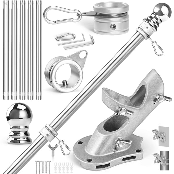 Anovo Flag Pole Kit- Stainless Steel 6 FT Flag Poles with1 Inch Metal 360° Rotating Flag Pole Rings Clip, Two-Position Flag Pole Holder Brackets