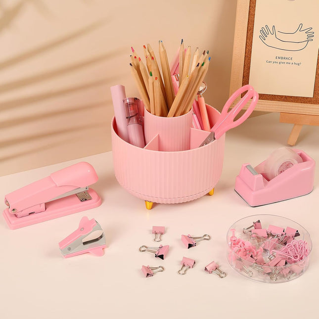 SKYDUE Pink Desk Accessories 10Pcs, 360-Degree Rotating Pen Holder, Stapler, Sta