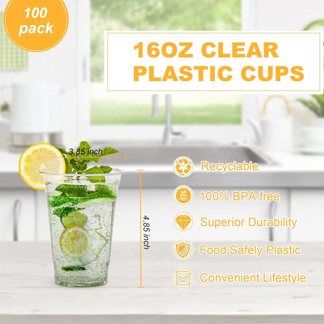 Tashibox 100 Count - 16 Ounce Plastic Cups, Ice Coffee Cups to Go - Crystal Clea