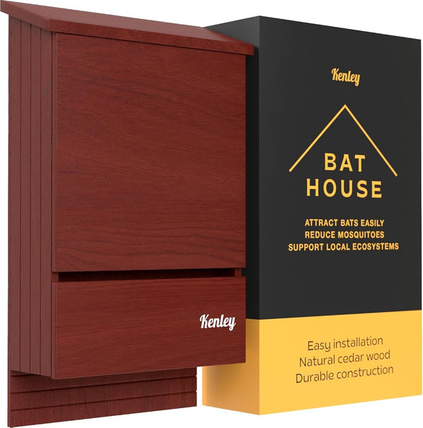 Kenley Bat House - Outdoor Bat Box Shelter with Large Double Chamber - Handcrafted from Cedar Wood - Easy for Bats to Land and Roost - Weather