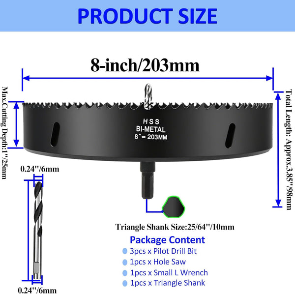 Hole Saw 8-inch Metal Hole Saw Kit Set Bi-Metal Hole Cutter Drill Bit with Sharp Teeth for Drilling Holes in Wood, Plastic, Drywall, PVC Boards 8"