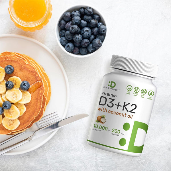 DEAL SUPPLEMENT Vitamin D3 10,000 IU + K2 MK7 200 Mcg, Infused with Virgin Coconut Oil, 250 Softgels, Double Strength Vitamin D & K, Promotes