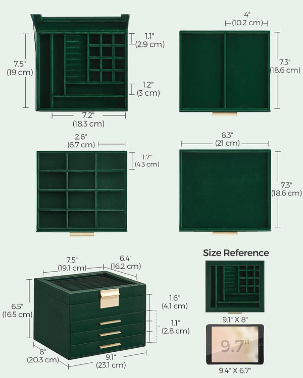 SONGMICS GISELLA Collection - Jewelry Box Organizer with Glass Lid, 4-Layer Jewelry Storage, with 3 Drawers, Modern Style, 8 x 9.1 x 6.5 Inches,
