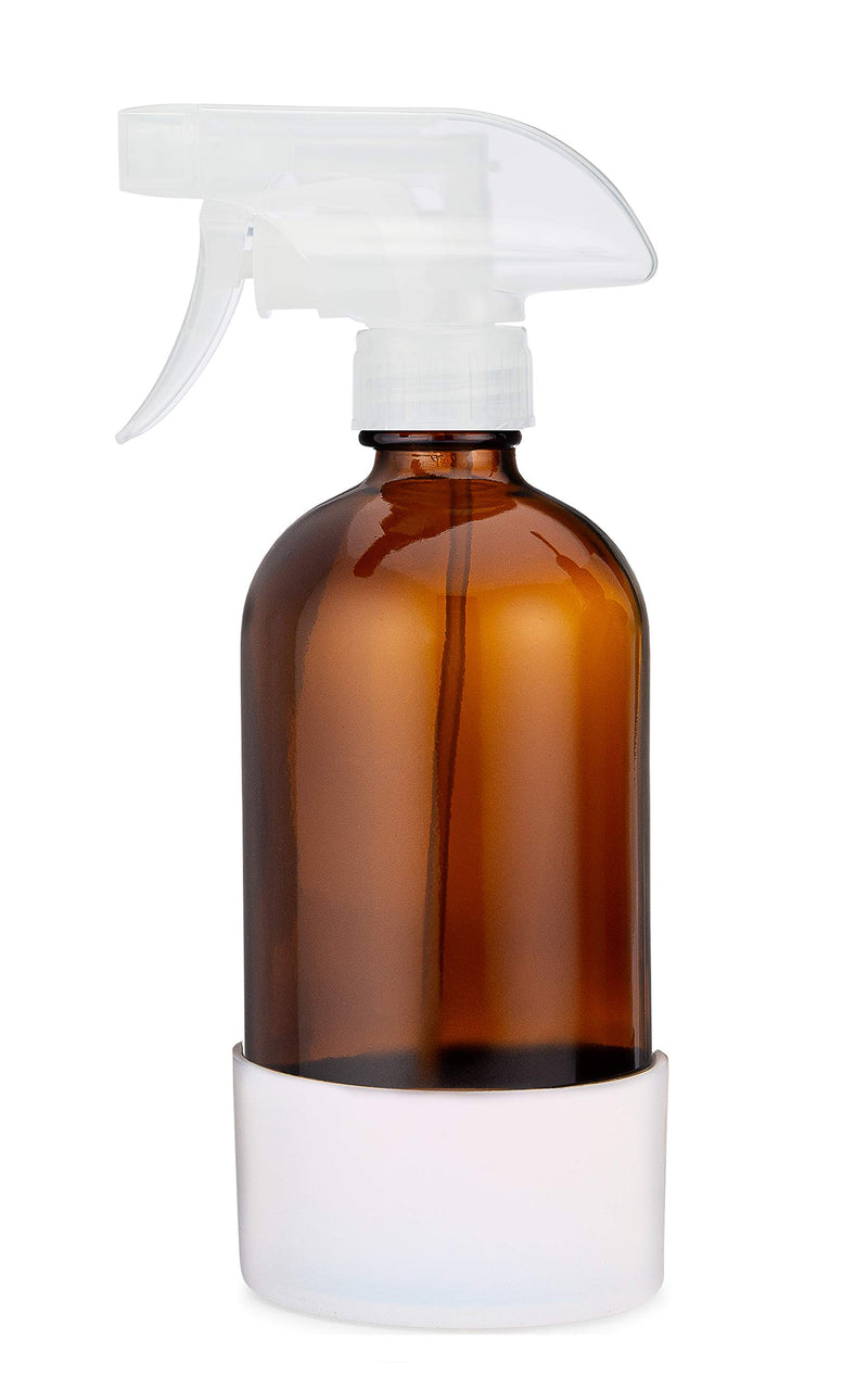 Rail19 Refillable Amber Glass Cleaning Spray Bottle with Silicone Sleeve, 16Oz (Clear Trigger/White Sleeve)