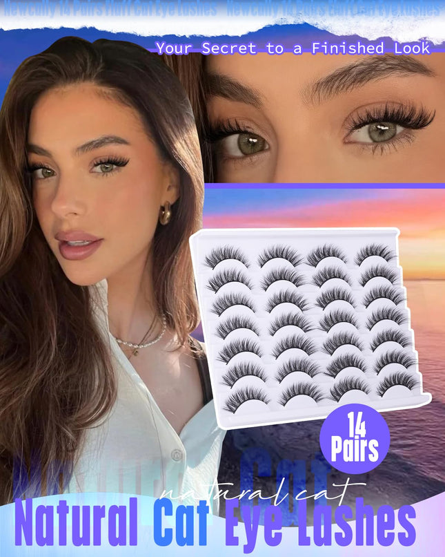 Newcally Lashes False Eyelashes Cat Eyes Wispy Natural Faux Mink Lashes 14 Pairs