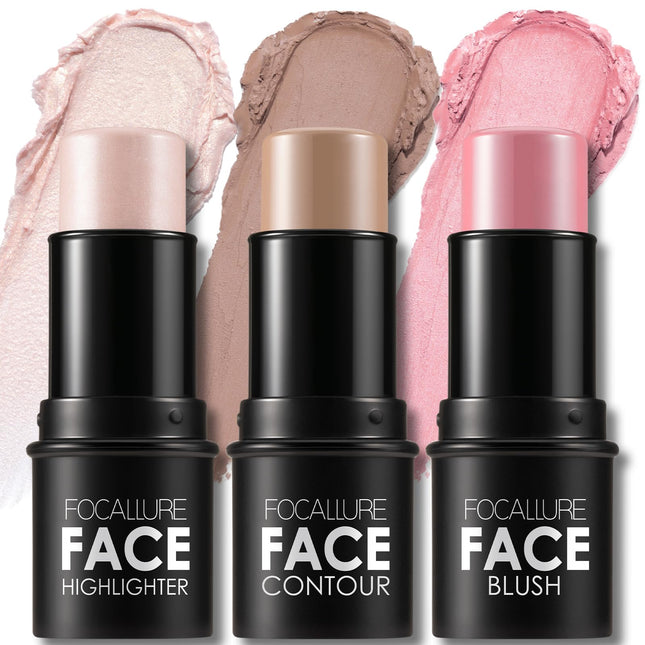FOCALLURE 3 Pcs Cream Contour Sticks,Shades with Highlighter & Bronzer & Blush,N