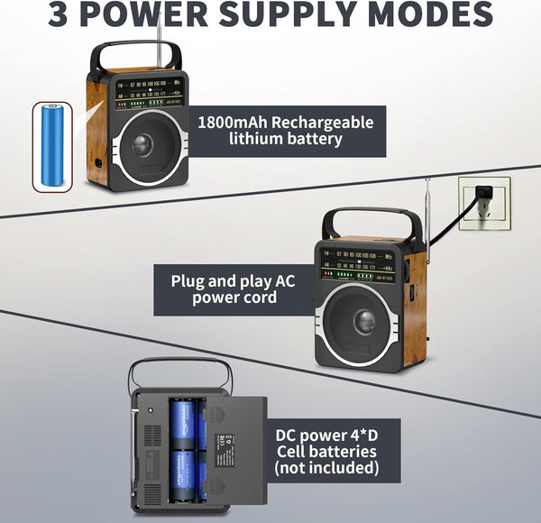 Portable AM FM Radio, Bluetooth 5.0 Radios 5 Watts Loud Speaker,Fm Radio Built-In Rechargeable Battery/Dc D*4 Cell Battery Operated & AC Power