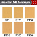 BOSHCRAFT 50 Pcs 1/4 Sheet Sand Paper 5.5" x 4.5" – 80/150/320/400 Grit 8 Sheets Each, 120/220 Grit 9 Sheets Each, Premium Aluminum Oxide