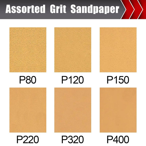 BOSHCRAFT 50 Pcs 1/4 Sheet Sand Paper 5.5" x 4.5" – 80/150/320/400 Grit 8 Sheets Each, 120/220 Grit 9 Sheets Each, Premium Aluminum Oxide