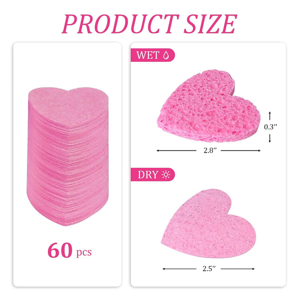 50-Count Kickleen Compressed Cellulose Heart Shape Facial Sponges | Natural Cosmetic Spa Sponges for Facial Cleansing | Exfoliating | Makeup Mask