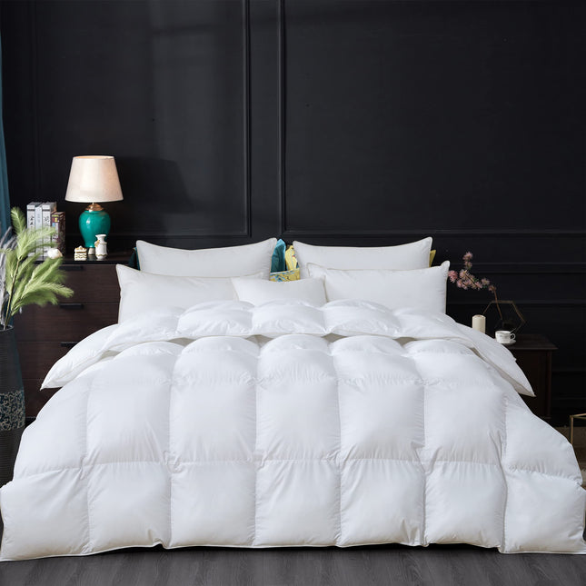 Luxurious All-Season Goose down Feather Fiber Comforter Queen Size Duvet Insert, Premium White Solid Plain Design, Premi