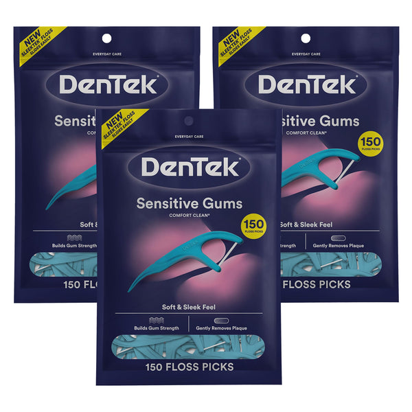 DenTek Comfort Clean Sensitive Gums Floss Picks, Soft & Silky Ribbon, 150 Count, 3 Pack Sensitive Gums 150 Count (Pack of 3)