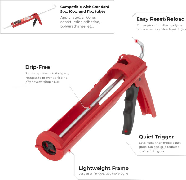 INTERTOOL Drip-Free Hand Caulking Gun, 10 Oz. Tube, 10:1 Thrust Ratio, Lightweight Durable Body, Smooth Rod, Quiet Ratcheting HT-0027