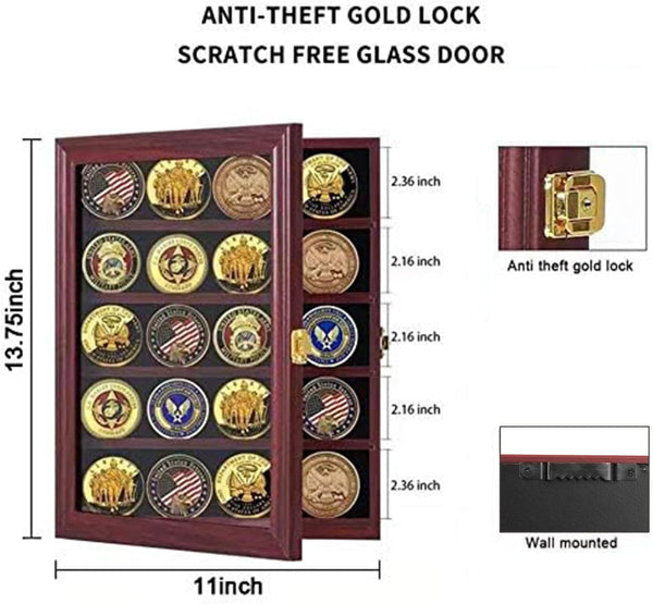 Jinchuan Military Challenge Coin Display Case Lockable Cabinet Rack Holder Shadow Box with Removable 2 Grooves Shelves and Anti Dust Door for