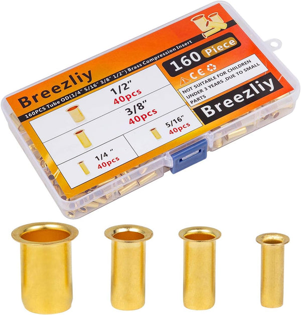 160pcs Tube OD(1/4" 5/16'' 3/8" 1/2") Brass Compression Insert,Brass Compression Fitting Assortment Kit, Insert Tube Support Compression Sleeve