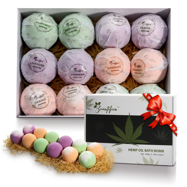 Hemp Oil Bath Bombs Gift Set Natural Refreshing Bubble Bath Kit with 6 Relaxing Scents Made from Pure Essential Oil for Bubble and Spa Bath,