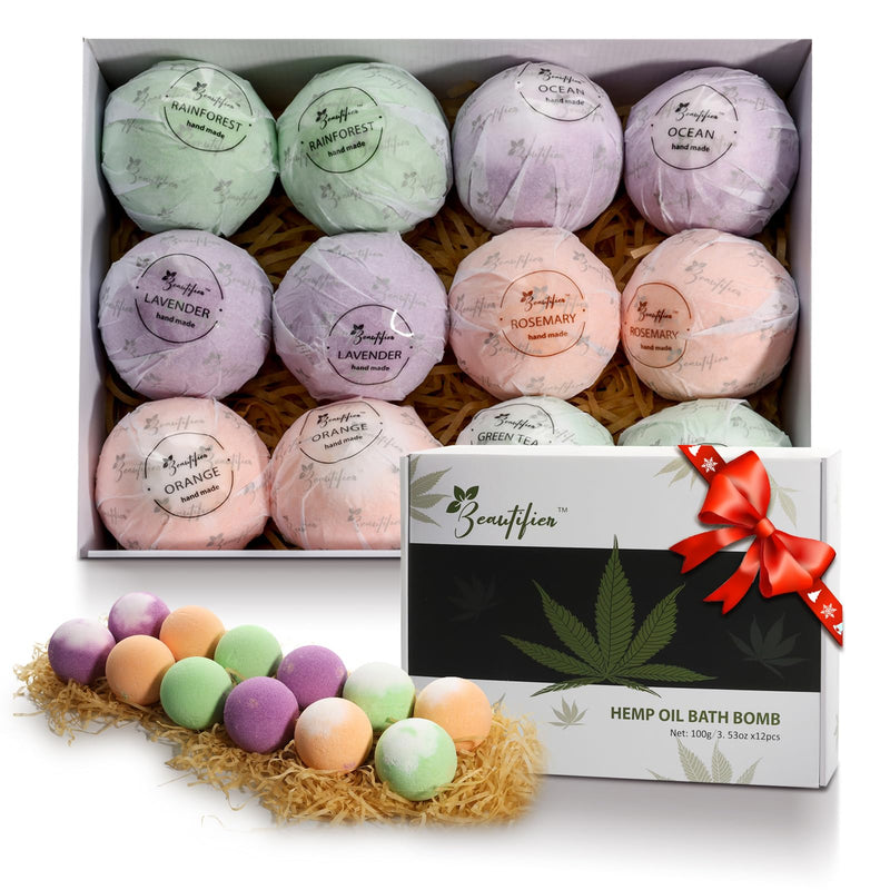 Hemp Oil Bath Bombs Gift Set Natural Refreshing Bubble Bath Kit with 6 Relaxing Scents Made from Pure Essential Oil for Bubble and Spa Bath,