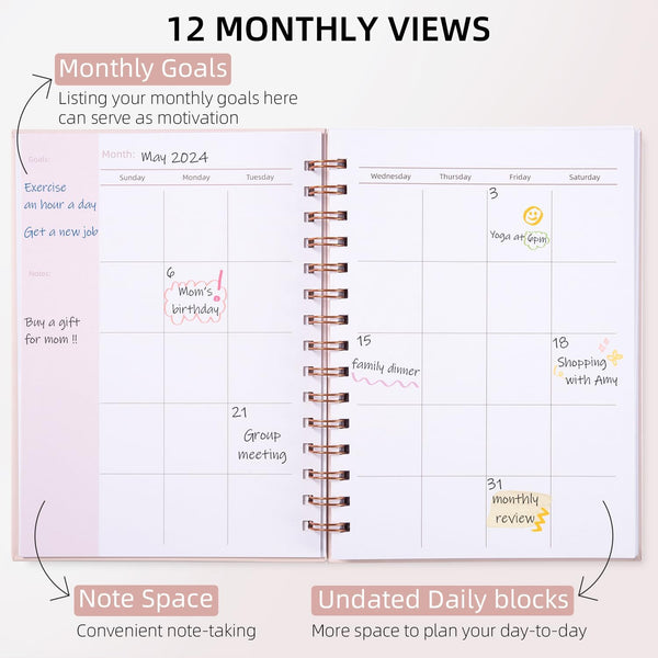 Undated Weekly and Monthly Planner Spiral Bound- Weekly Goals Notebook, To Do List, Habit Tracker Journal, Academic, Aesthetic, Stylish School or