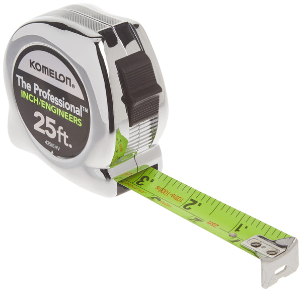 Komelon 425IEHV High-Visibility Professional Tape Measure Bother Inch and Engineer Scale Printed 25-Feet by 1-Inch, Chrome 7.6 m Tape Measure