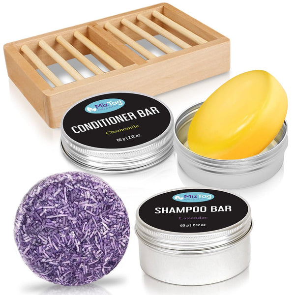 Miztag Home & Health Shampoo and Conditioner Bar Set - 5Pcs with Holder & Travel Tins - Vegan, Sulfate-Free, Paraben-Free - Great Mothers Day Gift