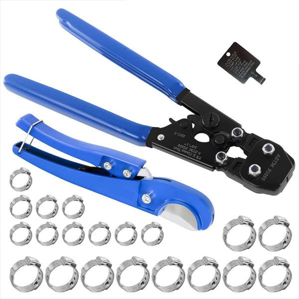 PEX Pipe Clamp Cinch Tool Crimping Tool Crimper for Stainless Steel Clamps from 3/8-inch to 1-inch with 1/2-inch 10PCS and 3/4-inch 10PCS SS PEX