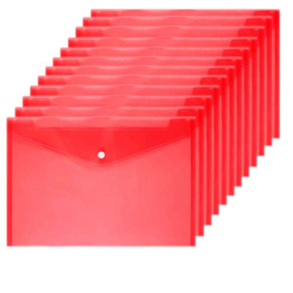 Poly Envelope 12 Pcs Document Envelopes with Snap Button Quality Clear Document Folder for A4 Size (Red)