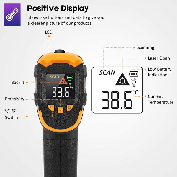 Infrared Thermometer Non-Contact Digital Laser Temperature Gun -58℉～1112℉(-50℃～600℃) Adjustable Emissivity IR Temp Gun - for Cooking, BBQ, Food,