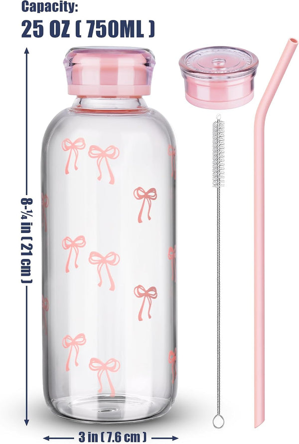 NiHome 25oz/750ml Clear Glass Water Bottle with 2 Caps & Stainless-Steel Straw, Temperature Resistant Durable High Borosilicate Glass Drinkware