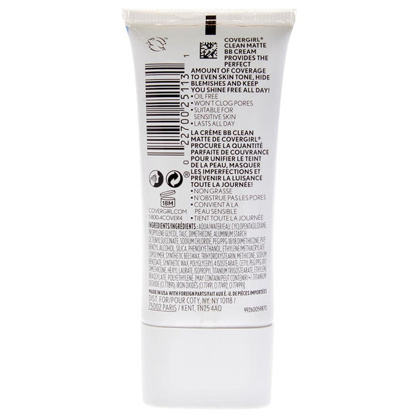 COVERGIRL - Clean Matte BB Cream, Oil-Free, Long-Lasting, Sensitive Skin, Lightweight, 100% Cruelty-Free Light/Medium - 530 1 Fl Oz (Pack of 1)