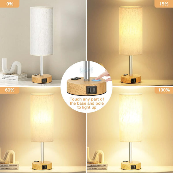 Fenmzee Bedside Table Lamp for Bedroom - 3 Way Dimmable Touch Lamp USB C Charging Ports and AC Outlet, Small Lamp Wood Base Round Flaxen Fabric