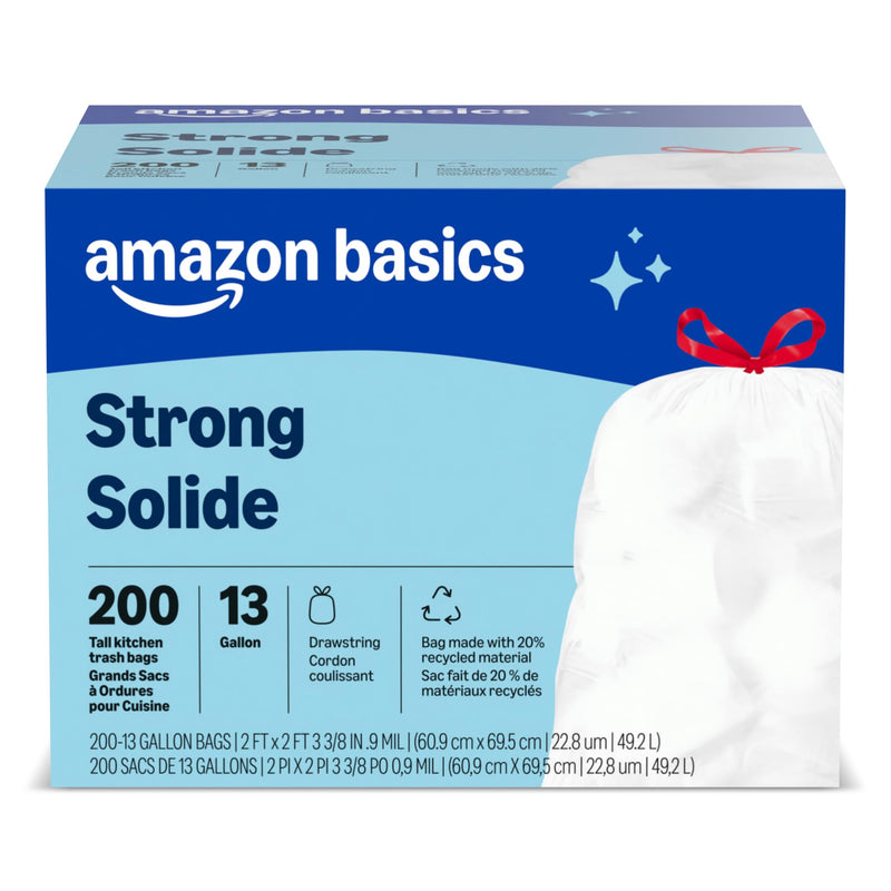Amazon Basics Trash Bags, Tall Kitchen Drawstring, Unscented, 13 Gallon, 200 Count, Pack of 1, Packaging May Vary Unscented 200 Count (Pack of 1)