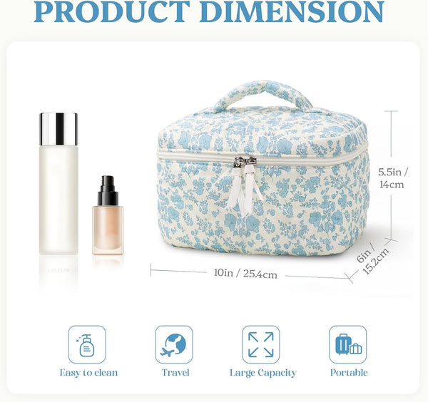 Prite Quilted Makeup Bag Travel Toiletry Organizer for Women (Blue Flower)
