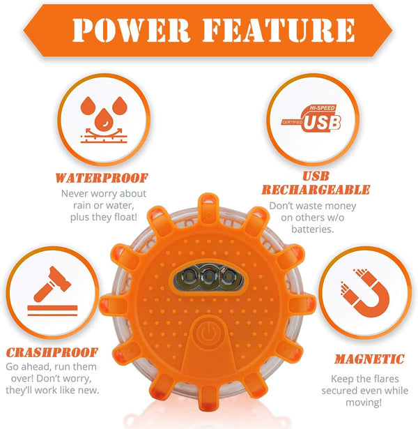 Ecoangel USB Rechargeable LED Road Flares Emergency Lights-Roadside Warning Car Safety Beacon Flashing Disc Flare Kit with Magnetic Base for