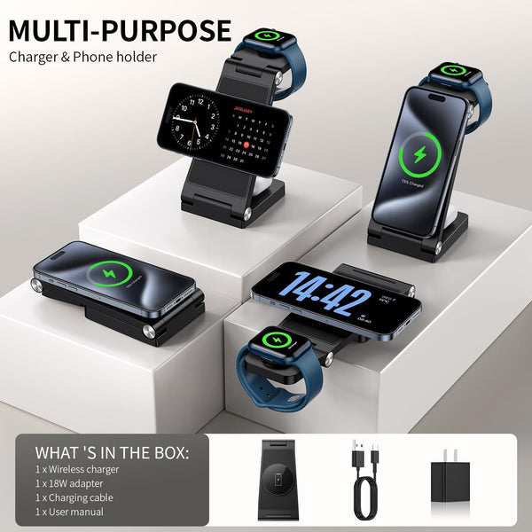 (2026 Upgraded) Traveling Wireless Mag-Safe Fast Charging Station,Magnetic 3 in 1 Charger for iPhone 17 16 15 14 13 12 Pro Max Plus,Apple Watch