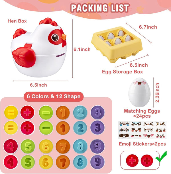 Easter Egg Matching Game, 24-Piece Easter Basket Stuffers for Kids, Color Shape Number Recognition Educational Toddler Toys, Chicken Storage Box
