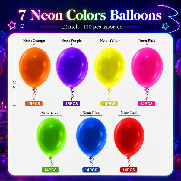 100 Pcs UV Neon Balloons, Neon Glow Party Balloons UV BlackLight Balloons glow in the dark party supplies for Birthday Decorations Wedding Glow