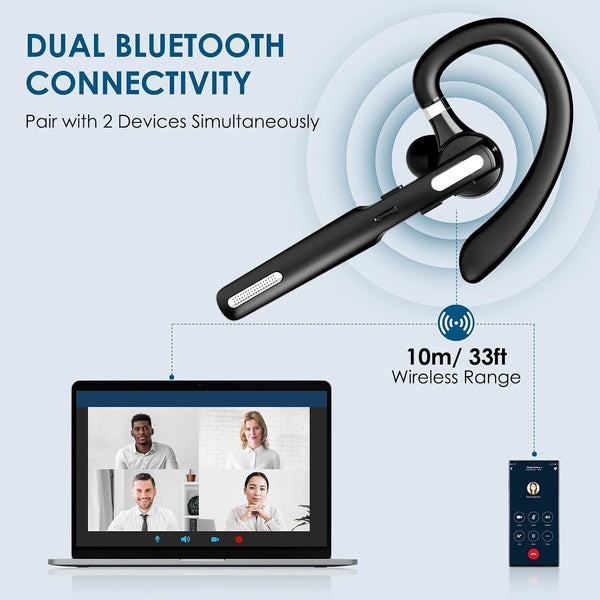 Bluetooth Headset, Wireless Bluetooth Earpiece V5.0 Hands-Free Earphones with Built-in Mic for Driving/Business/Office, Compatible with iPhone and