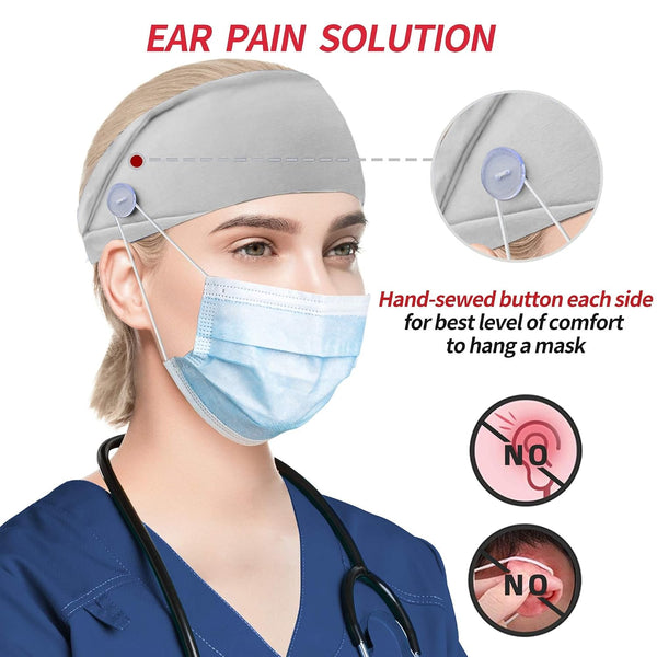 ABAMERICA Headbands with Button for Mask, Wide Nurses Headbands Non Slip Elastic Ear Protection for Women Men Doctors Sweatband Headband A-73